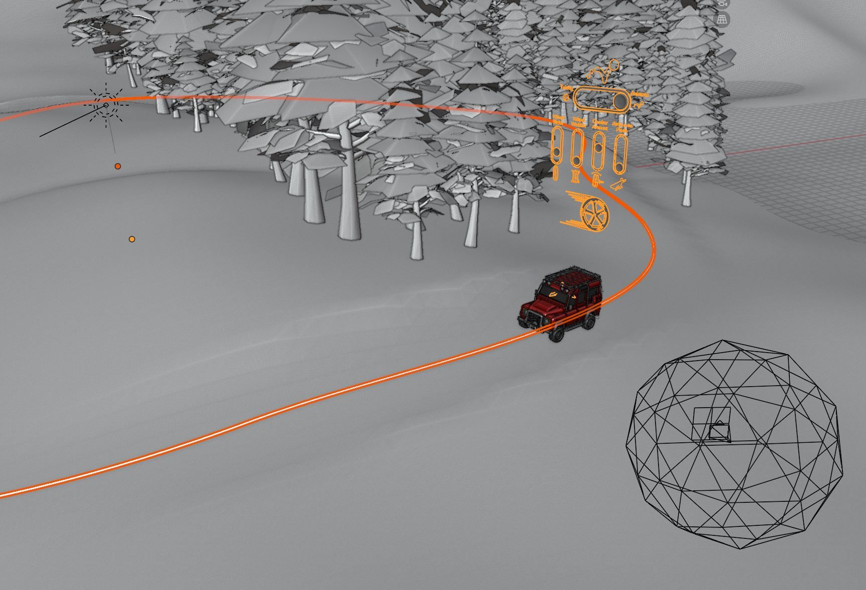The little Rover is fully rigged and follows a defined driving path. Complete with suspension travel and body sway.
The sphere around the camera is another custom geometry node named “Tree Trimmer”. In some shots, the camera passes through the forest. The sphere trims any trees as it passes through them to keep anything from blocking the camera view.