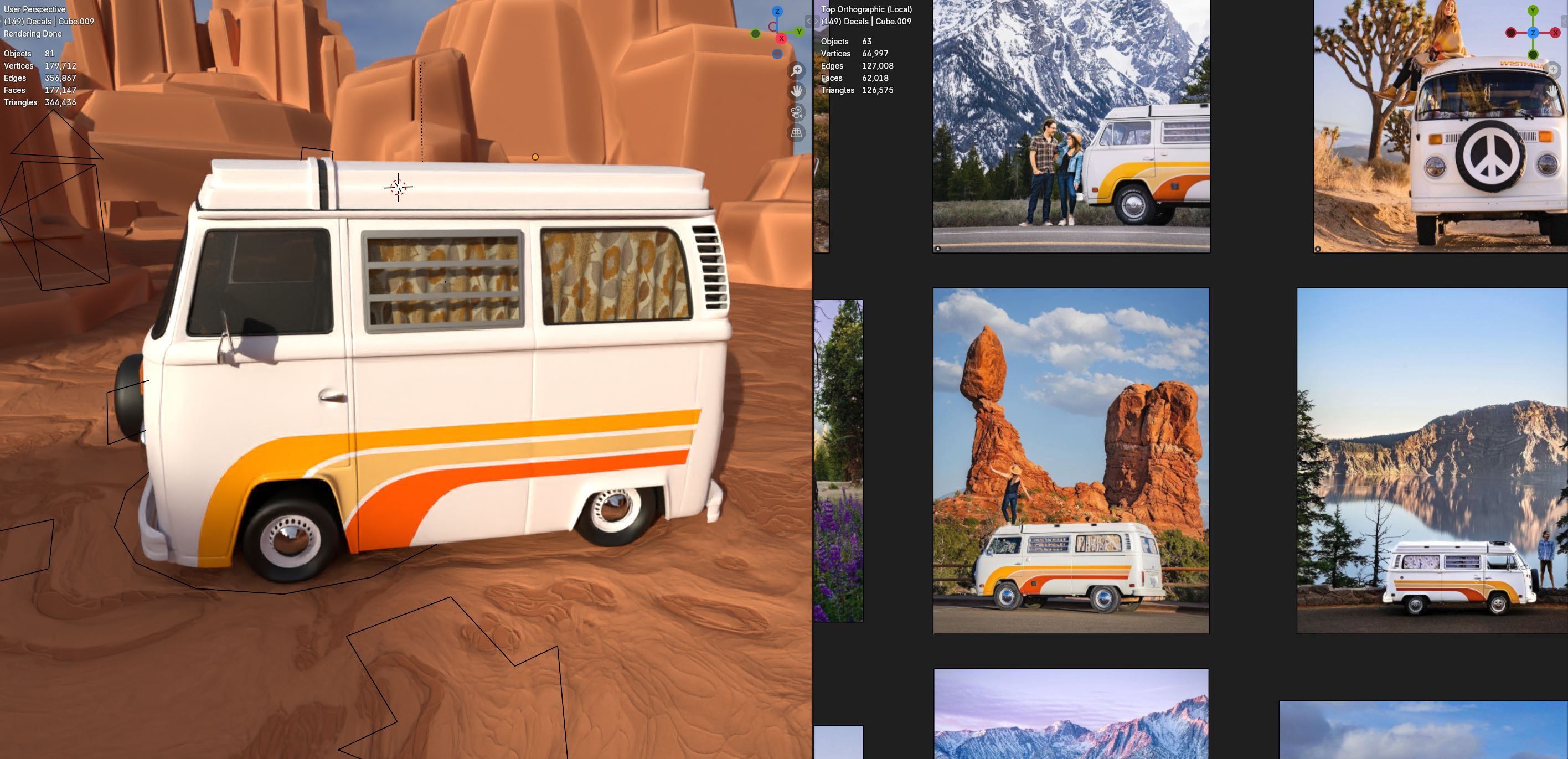 Model set up in Blender with reference images and inspiration for locations.