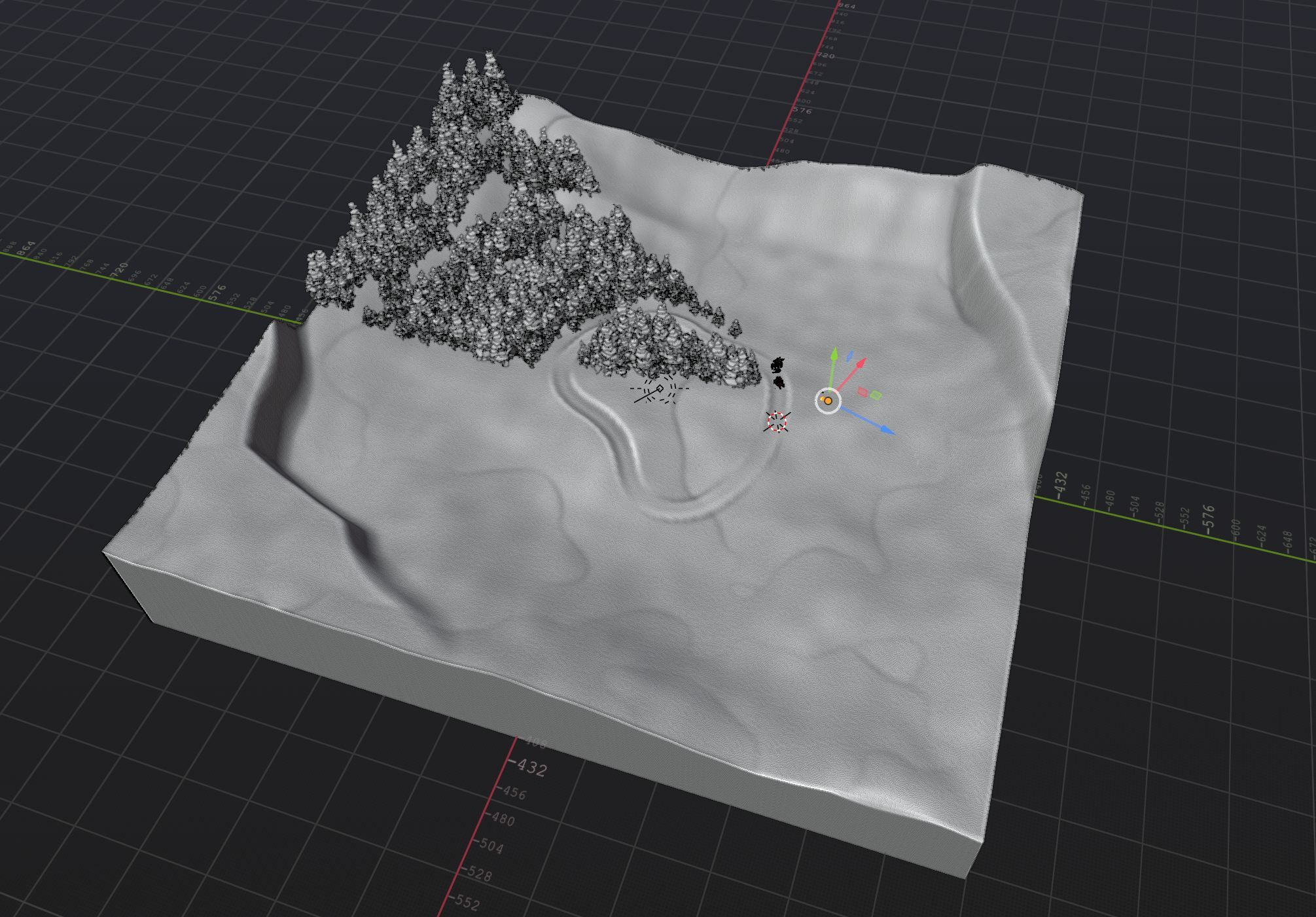 Camera culling is nothing new but we had to create our own solution on this scene with how the trees were being instanced. A custom geometry node tree hides any objects not visible to the camera greatly increasing software response.